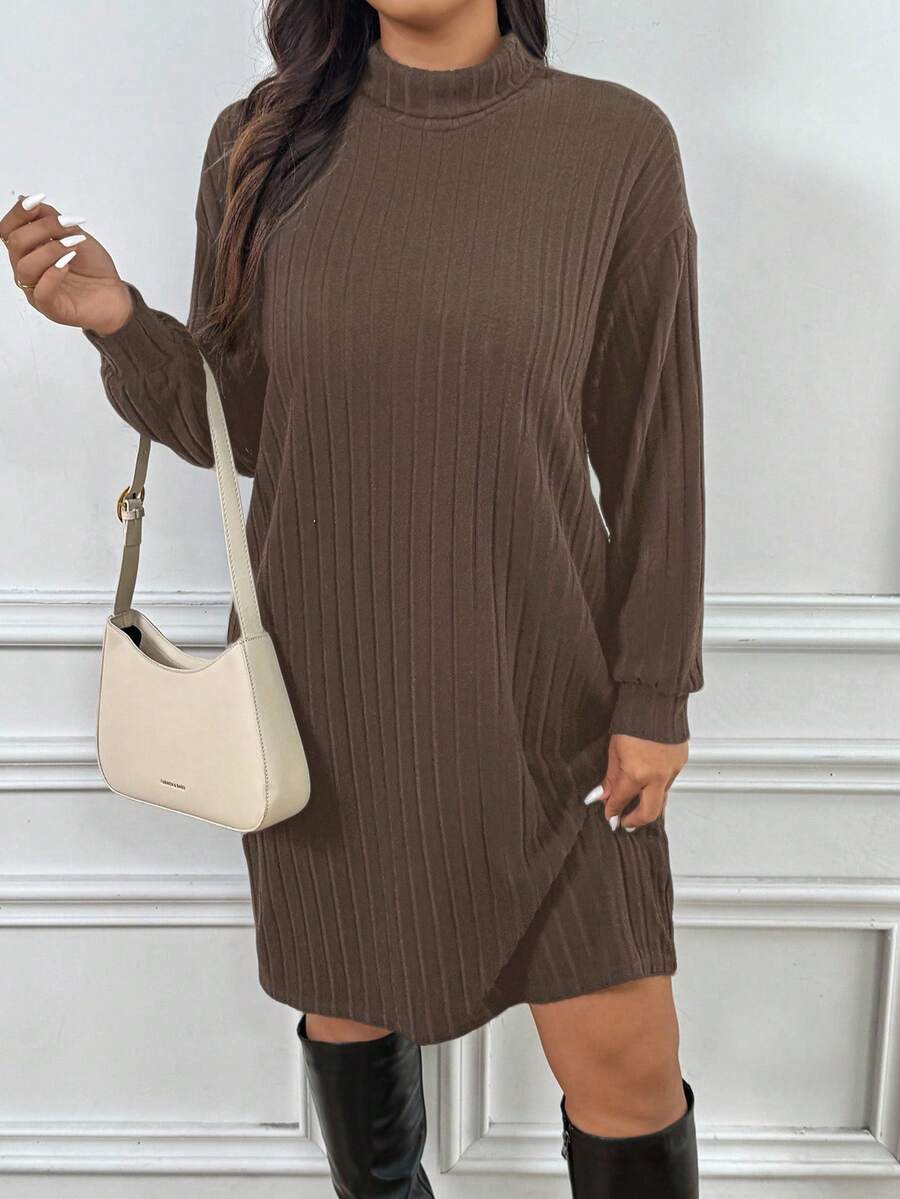 SHEIN Frenchy Váy dài tay màu trơn thường ngày cỡ lớn dành cho nữ - Cà phê nâu - Xem 1