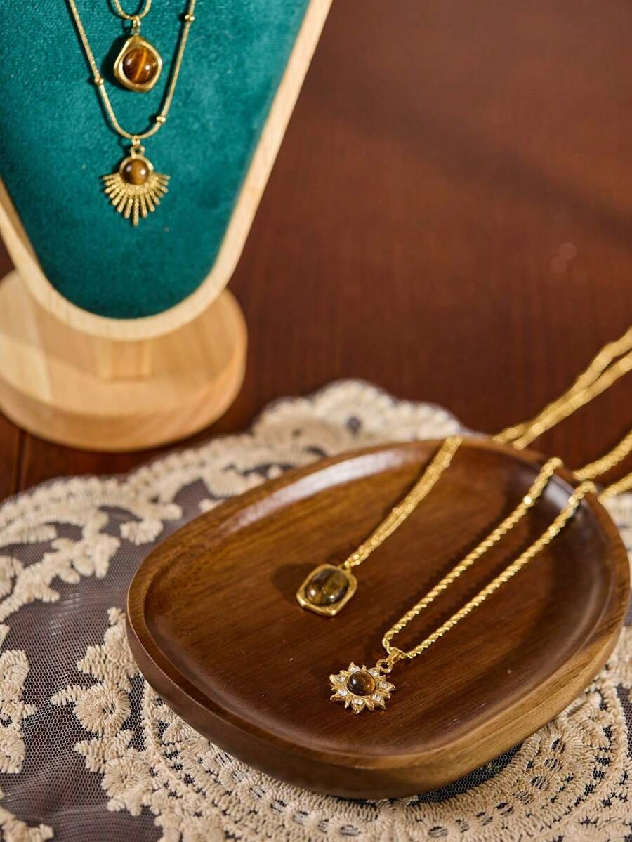 Cirelle 1pc Vintage Brown Natural Stone Titanium Steel Pendant Necklace Rhinestone Sun Oval Geometric Gold Plated Clavicular Chain Jewelry Gift For Women - Multicolor - View 1