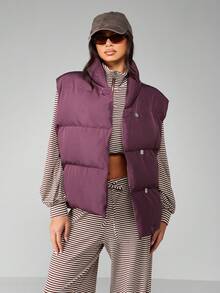 MISSGUIDED 宽松版型冬季羽绒背心女式无袖绗缝外套加厚高领时尚秋季休闲纽扣前开襟时尚保暖户外层 - 淺灰紫 - 查看 6