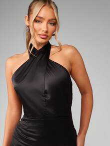 MISSGUIDED Elegant Halter Neck Mini Bodycon Dress Form Fitting Party Evening Club Night Out Satin Feel - Black - View 3