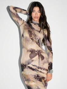 KIZN Vestido midi de manga larga con malla y estampado abstracto de acuarela para fiesta, club, otoño e invierno - Multicolor - Ver 5