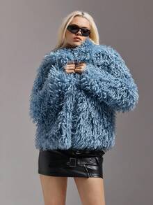 SHEIN ICON Abrigo de mujer de estilo retro urbano chic de piel sintética azul, para otoño/invierno