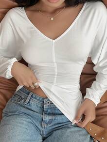 SHEIN EZwear 女式优雅纯色蝙蝠袖褶饰修身T恤，秋季 - 白色 - 查看 5