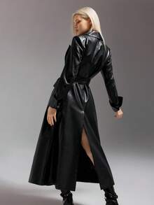 SHEIN ICON 女式长款 PU 夹克，配有可折叠袖口和腰带，适合秋冬女性 - 黑色 - 查看 4