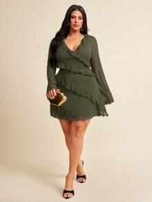 SHEIN BAE Plus Size Long Sleeve Dress, Romantic Sweet Ruffle Autumn Dress For Dating, Travel, Autumn Inner Wear, Bow, Summer Dresses For Ladies, Holiday Party Outfit For Women, Elegant, Birthday Outfits, Mesh, Sexy Dresses, Birthday Dress ,Back To School Girls Clothes,Girls Summer Outfits,Fall Clothes,School Clothes,Halloween,Winter,Y2k Clothes ,Vintage,Vacation Outfits Woman,Plus Size Women Clothes,Summer Dresses For Women,4th Of July Women - Army Green - View 3