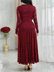 Feyla Váy cocktail cổ vuông ren thắt eo thanh lịch, viền đuôi cá - Màu Đỏ Sâu - Xem 6