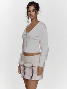 MUSERA Deep V Zip Through Ribbed Underbust Waist Sweater Sexy Going Out Night Out Winter Cute Streetwear Evening Party Elegant Spring - White - View 4