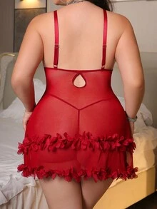 2pcs Plus Size Lace Contrast Mesh Lingerie Set - Red - View 2