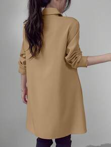 SHEIN Unity Women's Casual Solid Color Long Sleeve Mid-Length Shirt Fall Cloth For Women - Khaki - View 2