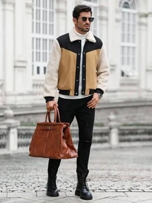 Manfinity Homme Herren Lässiger Kontrast-Farbiger Einreihiger Mantel, Herbst/Winter - Verschiedenfarbig - Übersicht 4