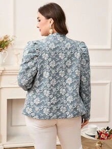 Reflora 大码3D立体花卉提花蓝色金属纽扣装饰夹克，优雅百搭，适合日常、休闲、商务通勤、外出、秋季穿着。 - 霧霾藍 - 查看 2