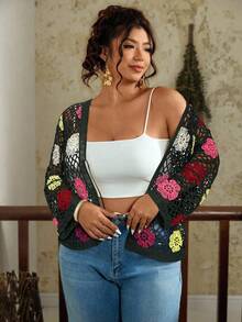 Travachic Áo khoác cardigan thêu hoa khoét lỗ cỡ lớn, trang phục thường ngày khi đi nghỉ - Màu xanh Ô liu - Xem 5