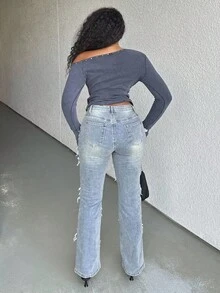 Alexandranx Camiseta Feminina Casual de Cor Sólida Assimétrica de Manga Curta - Preto - Visão 2