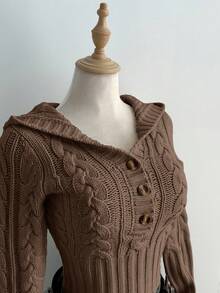 Elamini Casual Versatile Solid Color Cable Half-Zip Sweater - Brown - View 3