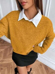 SHEIN Suéter de punto de cuello redondo de manga larga y unicolor de estilo casual - Naranja - Ver 6
