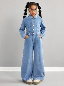 SHEIN Tween 女童秋冬休闲街头长袖单排扣口袋阔腿休闲牛仔连体裤，宽松高腰阔腿牛仔裤牛仔背带裤连体裤（不含 T 恤），女童秋冬服装街头服饰，返校节服装，圣诞服装万圣节服装，适合上学、居家和旅行 - 中等水洗藍 - 查看 4
