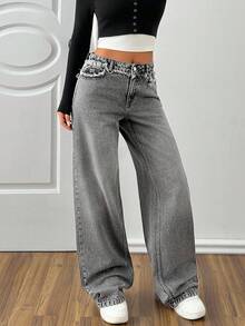 EURMUSE Jeansy Y2K ze średnim stanem i prostymi zdobieniami - Szary - Zobacz 7