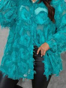 SHEIN LUNE 大码女式半透明流苏雪纺休闲宽松衬衫，适合派对、户外活动、感恩节、新年、冬季狂欢、圣诞节、生日、新年夜、外出、度假、派对等场合。 - 綠色 - 查看 7