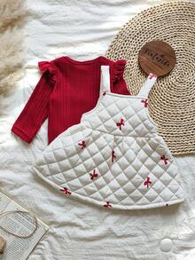 Vintaside Kids 1 Set Baby Girls Solid Color Long Sleeve Raglan Jumpsuit Top And Butterfly Print Padded Bib Overall Dress T-Shirt Outfit - Multicolor - View 2