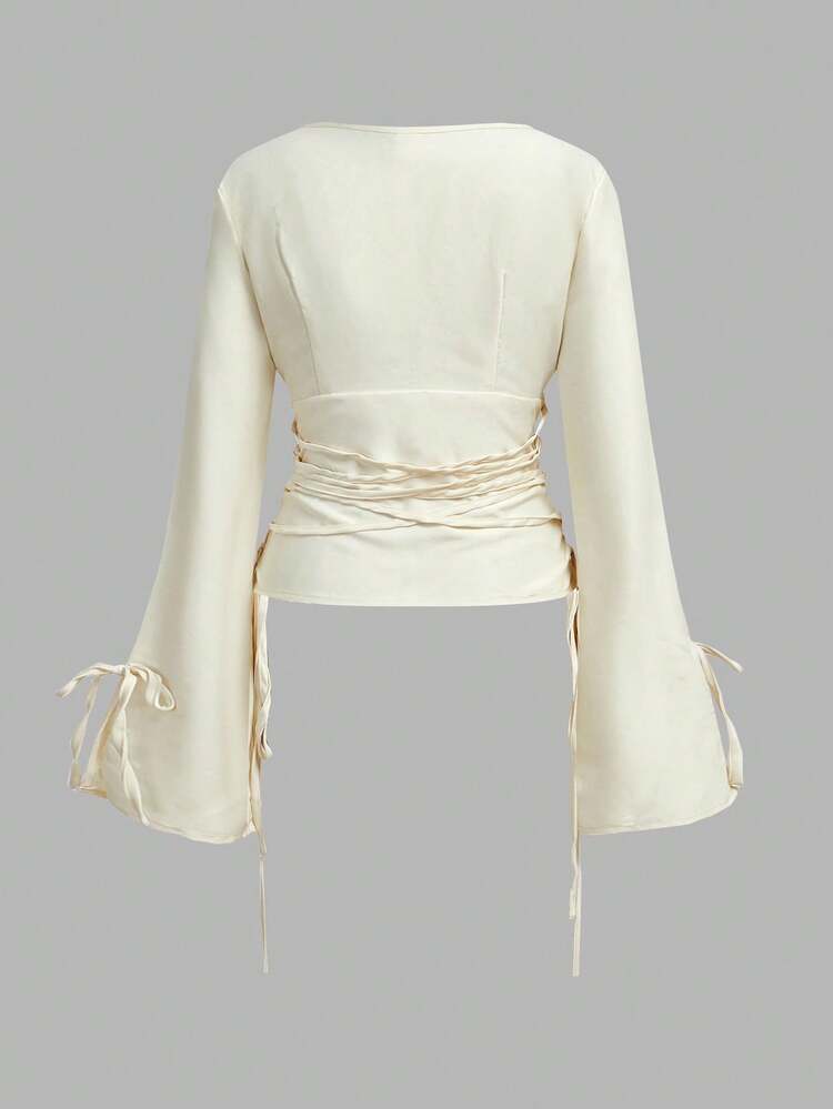 MISSGUIDED Plunge Neck Bell Sleeve Lace Up Waist Detail Blouse For Women Fall Fashion