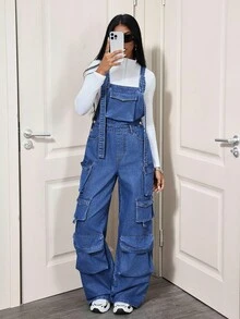 SHEIN Tall 纯色宽肩带口袋休闲宽松牛仔连体裤 - 深色水洗藍 - 查看 6