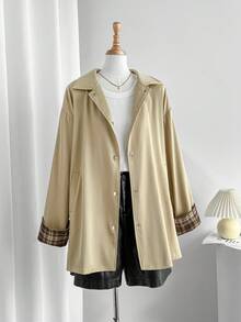 Celisse 女式翻领撞色格子长款风衣 - 卡其色 - 查看 5