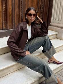 Aloruh Women's Solid Color PU Leather Drop Shoulder Long Sleeve Zip Front Casual Jacket,Brown Coat,Coffee Color,Solid Color Jacket,Spring,Autumn And Winter - Brown - View 5
