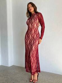 Aloruh Women's Floral Lace Trim Stand Collar Long Sleeve Fitted Dress, Elegant - Burgundy - View 5