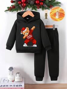Bộ 2 món đồ YoungBoy, Áo hoodie in chữ gấu Giáng sinh vui nhộn tối giản thời trang và quần nỉ nỉ, thích hợp cho dịp Giáng sinh, mùa thu/đông - màu đen - Xem 3