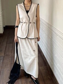 DAZY 女士优雅两件套：无袖撞色拼布背心和长裙 - 杏色 - 查看 3