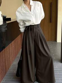 DAZY 女士纯色宽松休闲系带腰褶阔腿裤 - 咖啡棕 - 查看 3