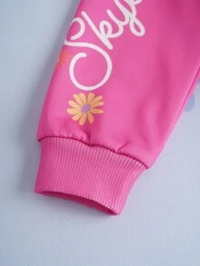 SHEIN | PAW Patrol 小女孩卡通小狗和花卉图案套头连帽衫，宽松拼色针织运动衫 - 彩色 - 查看 3