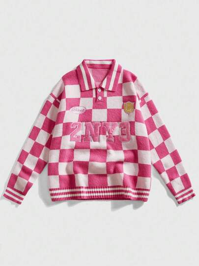 Street Life Suéter de manga larga con patrón de bordado a cuadros para hombre, otoño/invierno