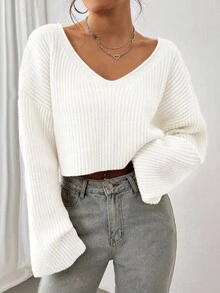 SHEIN Unity Women's Dropped Shoulder Long Sleeve V-Neck Casual Sweater With Textured Fabric, Autumn/Winter