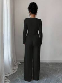 Modelyn 2 件套女士纯色毛衣上衣和裤子套装，优雅的日常穿着 - 黑色 - 查看 2