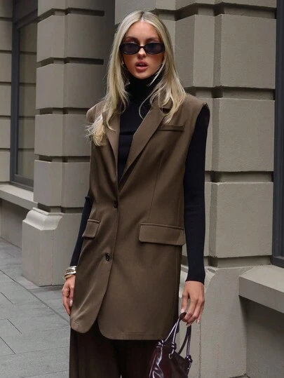 Aloruh Blazer sin mangas de cuello en V profundo y suelto de longitud media para mujer