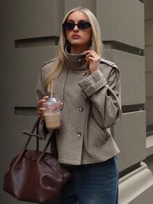 Aloruh Women's Fall/Winter Fashion Chic Casual Loose Houndstooth Patterned Jacket,Women's Winter Jacket,Fall Clothes For Women,Cozy Fall And Winter Clothes For Women - Khaki - View 6