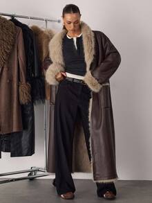 SHEIN BAE 女式复古拼布仿皮草夹克，秋冬 - 咖啡棕 - 查看 6