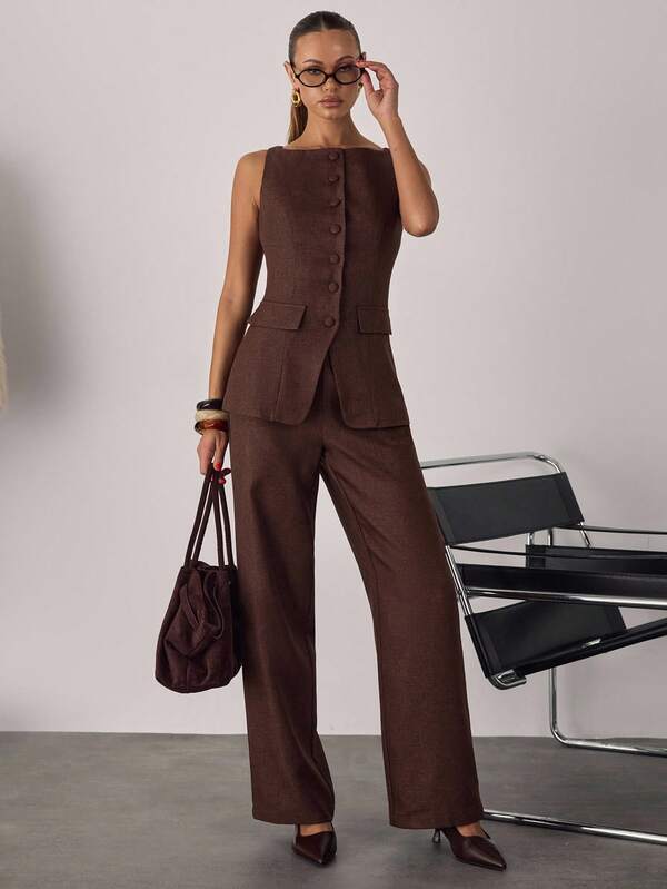 SHEIN BAE Women's Minimalist Solid-Color Single-Button Sleeveless Vest Paired With Straight-Leg Trousers, Perfect For Work Commutes. ,Elegant Work Ensemble For Stylish Daily Wear. Vest And Pants Set Autumn Winter Clothes For Women