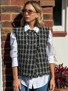 Vivie Lora Women's Loose Fit Double-Breasted Plaid Fringe Casual Knit Vest - Black - View 6