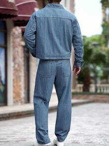 Manfinity Homme 男士休闲条纹纽扣牛仔夹克和牛仔裤套装，秋季