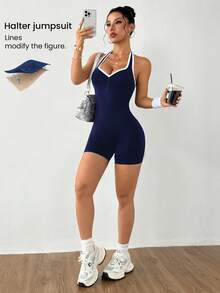Dewbera Seamless Bicolor Jumpsuit Leggings Sports Romper Activewear Romper Yoga Romper Seamless Workout Romper Fitness Romper - Navy Blue - View 1