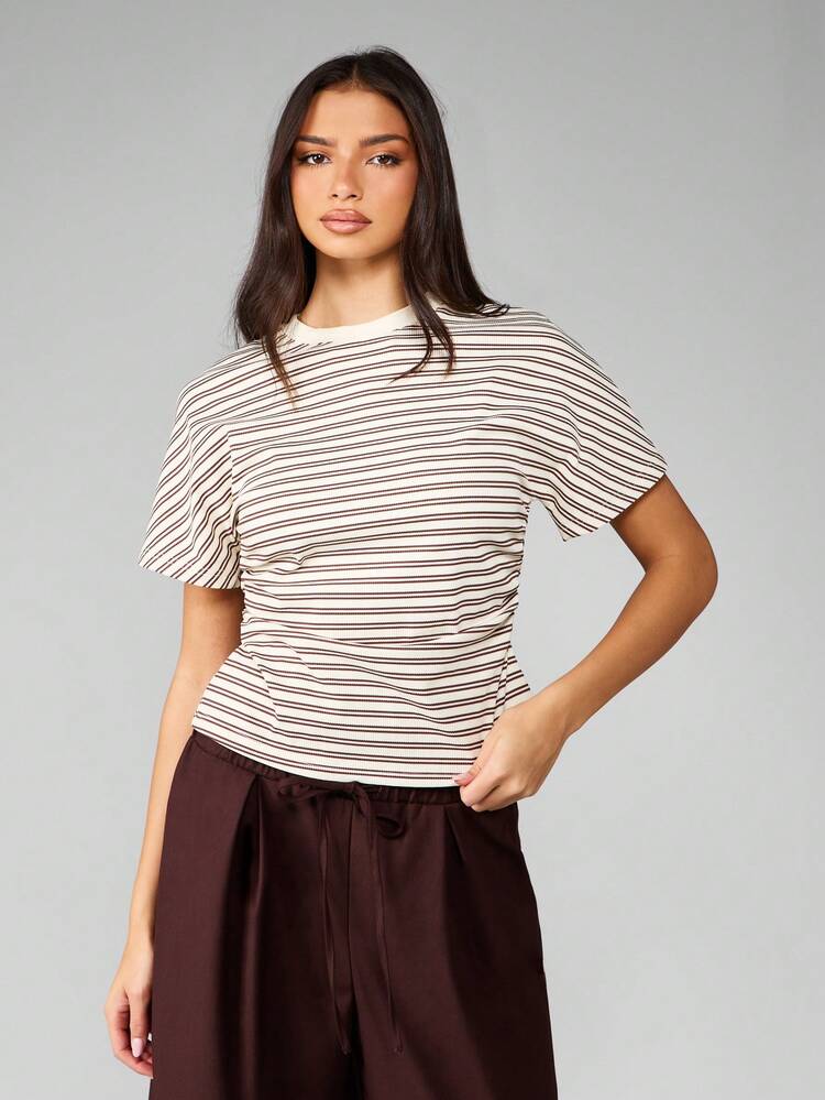 MISSGUIDED ストライプ カジュアル 半袖Tシャツ、ブラウンパターンレトロデザイン リブ生地 クルーネック サマーベーシックTシャツ クラシックミニマルスタイル