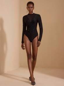 JIAN LASALA Tuta nera con collo alto, maglia luccicante, trasparente in rete, maniche lunghe, sexy, per feste, tuta casual a maniche lunghe da donna, tuta con paillettes, tuta da donna con paillettes, collezione di abbigliamento elegante e alla moda