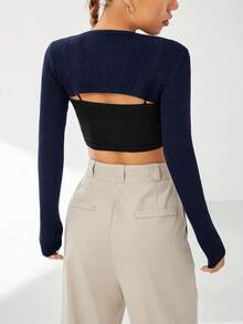 Comfortcana Spring Solid Crop Cardigan Without Cami Black Top In Fall/Winter - Navy Blue - View 2