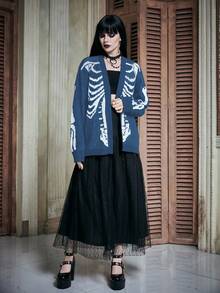 ROMWE PUNK Fashionable Skull Pattern Drop Shoulder Cardigan, Autumn/Winter - Navy Blue - View 3
