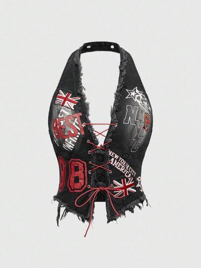 ROMWE Avant Women's Retro Motorcycle Style Back To School Collegiate Numeric & English Text British Flag Print Sleeveless Denim Crop Top