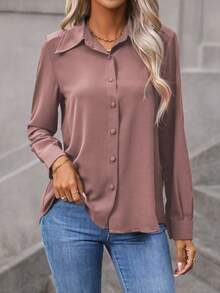 Wandoria Long Sleeve Solid Color Casual Shirt For Commute, Autumn Fall Cloth For Women - Redwood - View 3