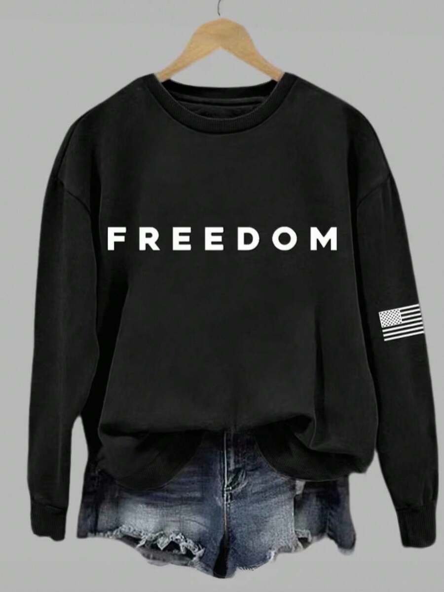 Glissea 女士休闲日常通勤美国国旗和字母印花落肩宽松运动衫 - 黑色 - 查看 1