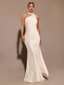 SHEIN BAE 杏色性感极简缎面不对称单肩镂空露背系带连衣裙，适合派对、酒会、正式场合、伴娘服、生日迷你连衣裙 - 杏色 - 查看 3